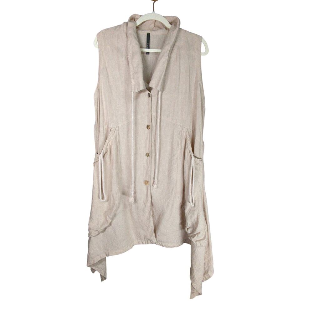 IC Collection Linen Top Womens L Beige Asymmectrical Pockets Lagenlook